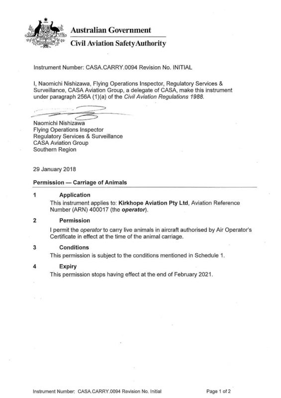 AOC Animal Carrier Permission Certificate 29 Jan 2018 P1